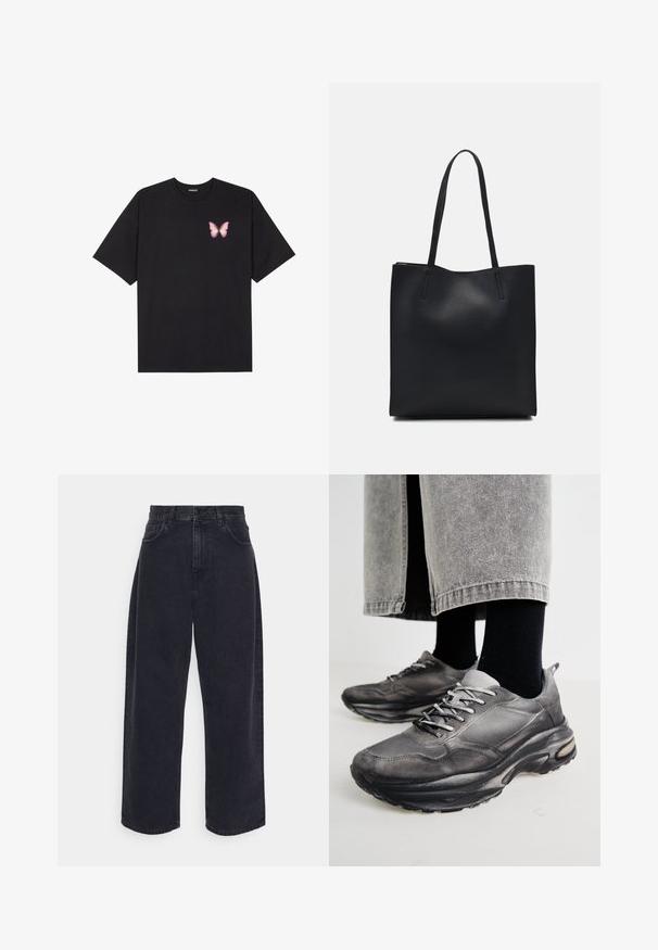 Črna bombažna majica s kratkimi rokavi, ki ima majhen roza metuljček na levi strani prsnega dela. Majica s krožnim ovratnikom in sproščenim krojem.; Črne visokotrižne široke kavbojke iz denima, z petimi žepe, gumbom za zapiranje in subtilnimi šivi.; Črne in sive športne čevlje imajo mrežast zgornji del, debele podplate in vezalke. Imajo zaobljen nos in opazne podrobnosti oblazinjenja.; Črna usnjena torba s svilnato teksturo, pravokotne oblike in dvema dolgima ročajema. Brez vidnih metalnih delov ali okrasnih elementov.