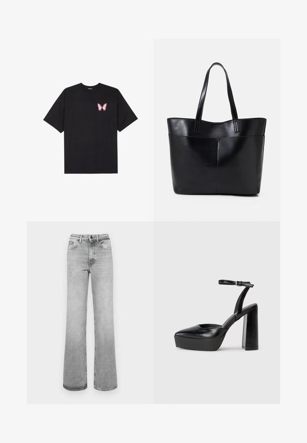 Svart bomulls T-skjorte med korte ermer, med en liten rosa sommerfugl grafikk på venstre bryst. Crew-neck design med en avslappet passform.; Lys grå falmede straight-leg jeans med frontlommer, bæltestropper og en knap- og lynlås lukning.; Sorte plattformhelter med spiss tå og justerbar ankelrem. Laget av glatt lær, med en robust blokkhel.; Svart lær toteveske med to lange håndtak, en glatt tekstur og en strukturert form. Har en frontlomme for ekstra oppbevaring.