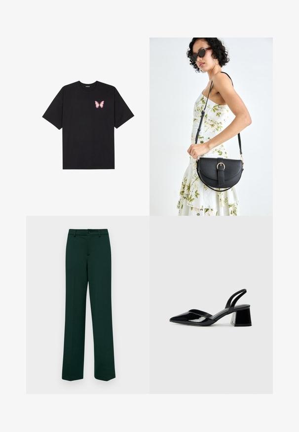 Fekete pamut póló rövid ujjakkal, bal mellkason egy kis rózsaszín pillangó grafikával. Kerek nyakú kialakítás, laza fazonnal.; Sötétzöld, egyenes szabású nadrág, gombos záródással és övhurkokkal. Sima textúra és minimális díszítés. Testre szabott szabás.; Fekete lakk bőr szandálkés magas sarkú cipő, hegyes orral és geometrikus tömbsarkakkal. Karcsú, minimalista dizájn és sima textúra jellemzi.; Fekete bőrtáska ívelt formával, levehető pánttal és arany színű fémrészekkel. A táskán egy csattal díszített fedél található.