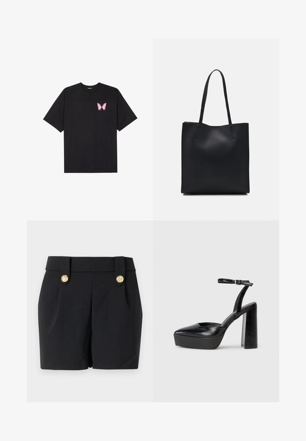 T-shirt en coton noir à manches courtes, avec un petit graphique de papillon rose sur la poitrine gauche. Modèle à col rond avec une coupe décontractée.; Shorts noirs au design ajusté, dotés de boutons décoratifs dorés et d'une texture lisse. Sans poches ni coutures visibles.; Escarpins noirs à plateforme avec un bout pointu et une sangle réglable à la cheville. Conçus en cuir lisse, avec un large talon bloc.; Sac fourre-tout en cuir noir avec une texture lisse, de forme rectangulaire et deux longues poignées. Pas de matériel ou d'ornementations visibles.