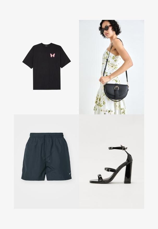 Svart bomulls T-skjorte med korte ermer, med en liten rosa sommerfugl grafikk på venstre bryst. Crew-neck design med en avslappet passform.; Mørkeblå shorts med elastisk linning, snor i livet og sidelommer. Har Nike-logo i hvitt på venstre ben nederst. Lett materiale.; Svart høyglans sandaler med hæl, firkantet tå, ankelremmer og sølvspenner. Har en kraftig blokkhæl for stabilitet.; Svart lærveske med en buet form, avtagbar stropp og gullbeslag. Vesken har et klaff med spenne-detall.