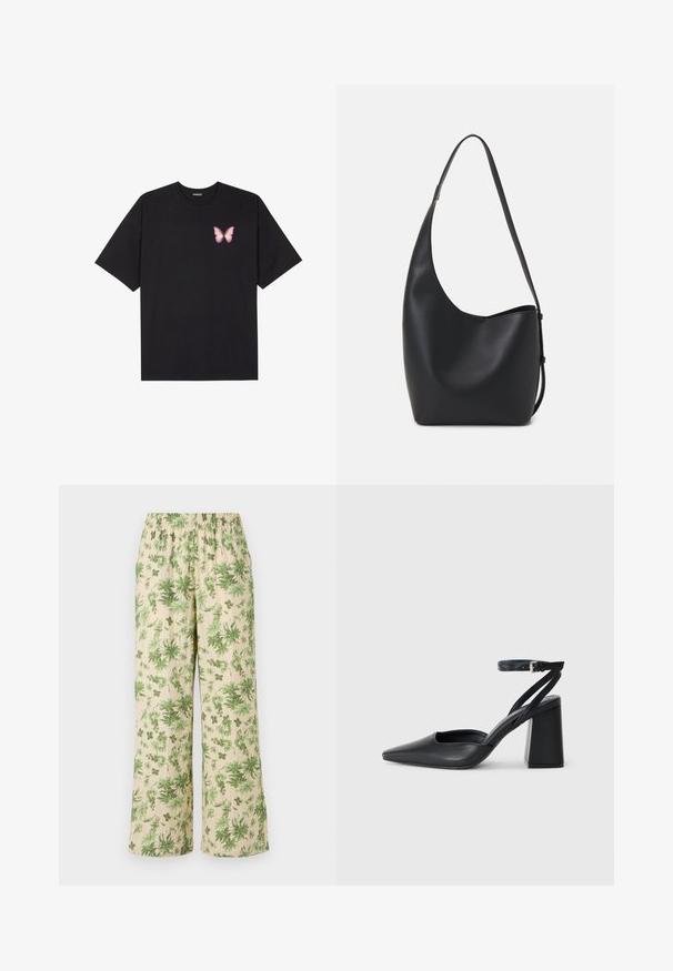 Čierne bavlnené tričko s krátkymi rukávmi, s malým ružovým motýlikom na ľavej hrudi. Design s okrúhlym výstrihom a uvoľneným strihom.; Nohavice s širokými nohavicami a elastickým pásom v kvetinovom vzore; obsahujú zelené listy na béžovom pozadí a majú textúrovaný povrch.; Čierne kožené lodičky s špicatou špičkou a členkovým remienkom, s masívnym podpätkom. Hladký povrch, elegantný dizajn a minimalistická estetika.; Čierna kožená hobo taška so hladkou textúrou, zakriveným tvarom a jedným nastaviteľným popruhom; má široké otvorenie na vrchu.