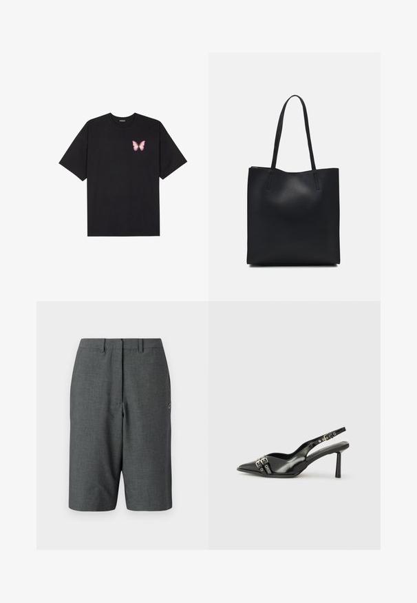 Melna kokvilnas T-krekls ar īsām piedurknēm, kuram priekšā kreisajā pusē ir neliels rozā tauriņa grafiskais attēls. Ar apaļu kaklu un brīvā stila piegriezumu.; Tumši pelēki pielāgoti šorti ar teksturētu audumu, vienu priekšējo krokotu, jostas cilpām, sānu kabatām un mazu logotipa akcents uz kājas.; Melnā patentēta ādas sandale ar norādītu purngalu, potītes siksniņām ar sudraba sprādzēm un aparatūru, kā arī smalku papēdi.; Melnas ādas somiņa ar gludu tekstūru, taisnstūra formu un divām garām rokturiem. Nav redzamu aparatūras vai rotājumu.