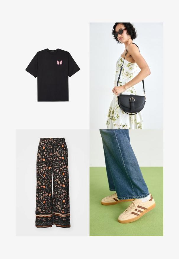 Melna kokvilnas T-krekls ar īsām piedurknēm, kuram priekšā kreisajā pusē ir neliels rozā tauriņa grafiskais attēls. Ar apaļu kaklu un brīvā stila piegriezumu.; Melni ziedu platlegu bikses ar krāsainu ziedu un lapu rakstu. Hems ir ar svītru dizainu oranžā, brūnā un krēmīgā krāsā.; Beidzīgi krēmbalti sporta apavi ar tekstūru un brūnā svītra, apvienoti ar zilu džinsu biksēm. Džinsus raksturo plata kāja un saplēsts apakšmalas dizains.; Melnas ādas rokassoma ar izliekta formu, noņemamu siksnu un zelta aksesuāriem. Somai ir vāciņš ar sprādzes detaļu.