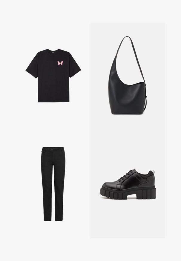 Czarny bawełniany t-shirt z krótkim rękawem, z małym różowym motylkiem na lewej piersi. Klasyczny dekolt z luźnym fasonem.; Czarne spodnie proste z guzikowym zapięciem, szlufkami na pasek i małą kieszonką z klapką po prawej stronie w pobliżu pasa.; Czarne skórzane buty na platformie z masywnym słupkowym obcasem, okrągłym noskiem i klasycznym sznurowaniem. Posiadają gładką teksturę i minimalne wykończenia.; Czarna skórzana torba hobo o gładkiej fakturze, zaokrąglonym kształcie i pojedynczym, regulowanym pasku; posiada szerokie otwarcie na górze.