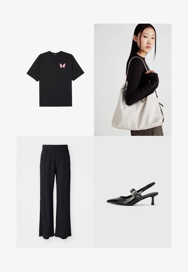 Schwarzes Baumwoll-T-Shirt mit kurzen Ärmeln, das ein kleines pinkes Schmetterlingsmotiv auf der linken Brust zeigt. Crewneck-Design mit einem entspannten Schnitt.; Schwarze, weit geschnittene Hose aus strukturiertem Stoff mit elastischem Bund. Sie zeichnet sich durch eine lockere Passform und ein weiches, fließendes Design aus.; Schwarze Lackleder Slingback-Absätze mit spitzem Zeh und kleinem Blockabsatz, ausgestattet mit einem silbernen Schnallenakzent am Riemen.; Beige Handtasche aus weichem Material, mit einem lässigen Design, gesteppten Details und zwei Schulterriemen. Geeignet für den täglichen Gebrauch.