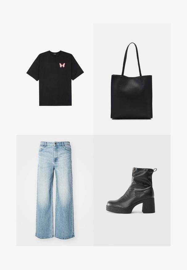 Camiseta de algodón negra de manga corta, con un pequeño gráfico de mariposa rosa en el lado izquierdo del pecho. Diseño de cuello redondo con un corte relajado.; Jeans de pierna ancha en azul claro, confeccionados en denim. Cuenta con cinco bolsillos, presillas para cinturón y cierre frontal con botón. Lavado desvaído con textura sutil.; Botines negros de tobillo, hechos de cuero suave, con cierre lateral, tacón grueso texturizado y diseño de punta redondeada.; Bolso tote de cuero negro con textura lisa, forma rectangular y dos asas largas. Sin herrajes ni adornos visibles.