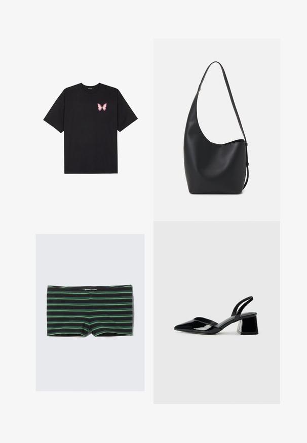 Zwarte katoenen t-shirt met korte mouwen, voorzien van een kleine roze vlinder graphic op de linkerkant van de borst. Crew neck ontwerp met een relaxte fit.; Zwarte zwemshorts met horizontale groene strepen. Heeft een slim fit ontwerp en een elastische tailleband. Gemaakt van een rekbaar, glad materiaal.; Zwarte gepatineerde leren slingback hakken met een spitse neus en een geometrische blokhak. Kenmerkt zich door een slank, minimalistisch ontwerp en een gladde textuur.; Zwarte leren hobo tas met een gladde textuur, kromme vorm en een enkele verstelbare schouderband; heeft een brede opening aan de bovenkant.