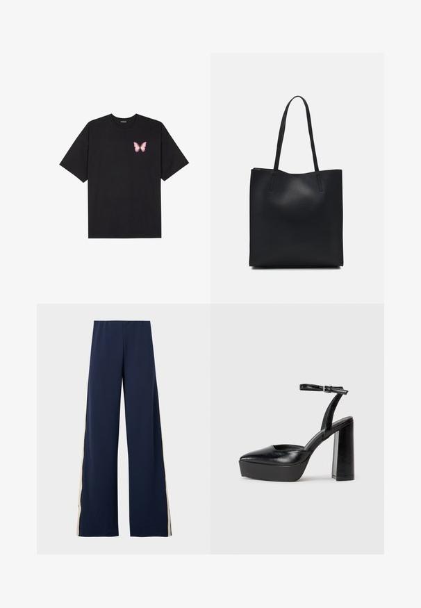 Black cotton t-shirt with short sleeves, featuring a small pink butterfly graphic on the left chest. Crew neck design with a relaxed fit.; Navy wide-leg pants made from soft fabric, featuring a beige side stripe. The waistband is elastic for comfort and ease of wear.; Black platform heels with a pointed toe and adjustable ankle strap. Constructed from smooth leather, featuring a chunky block heel.; Black leather tote bag with smooth texture, rectangular shape, and two long handles. No visible hardware or embellishments.
