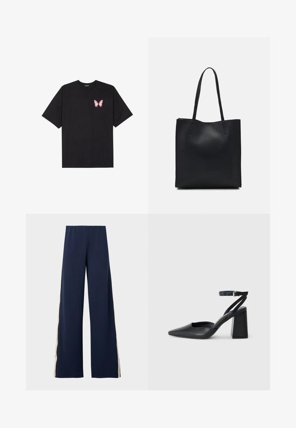 Black cotton t-shirt with short sleeves, featuring a small pink butterfly graphic on the left chest. Crew neck design with a relaxed fit.; Navy wide-leg pants made from soft fabric, featuring a beige side stripe. The waistband is elastic for comfort and ease of wear.; Black leather pointy-toe pump with an ankle strap and a chunky heel. Flat texture, sleek design, and minimalistic aesthetics.; Black leather tote bag with smooth texture, rectangular shape, and two long handles. No visible hardware or embellishments.