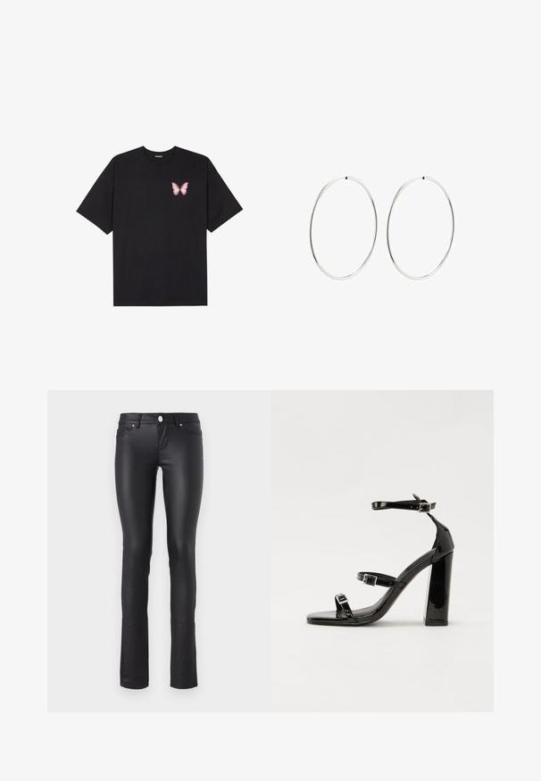 Crna pamučna majica s kratkim rukavima, s malim grafičkim prikazom ružičaste vjetricaste s desne strane na prsima. Dizajn s okruglim izrezom i opuštenim krojem.; Crne hlače uskog kroja od umjetne kože s glatkom teksturom, srednjim strukom, dizajnom s pet džepova i srebrnim detaljima.; Crne lakirane sandale na pete sa kvadratnim nosom, trakama oko gležnja i srebrnim kopčama. Imaju čvrst blok petu za stabilnost.; Srebrne naušnice od obruča s glatkim, okruglim dizajnom i poliranim završetkom. Tanak su i lagani, s jednostavnim zatvaranjem.