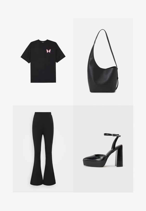 Black cotton t-shirt with short sleeves, featuring a small pink butterfly graphic on the left chest. Crew neck design with a relaxed fit.; Black flared pants made from a stretchy fabric. The design features a high waistband and a flared hem that opens below the knee.; Black platform heels with a pointed toe and adjustable ankle strap. Constructed from smooth leather, featuring a chunky block heel.; Black leather hobo bag with a smooth texture, curved shape, and single adjustable strap; features a wide opening at the top.
