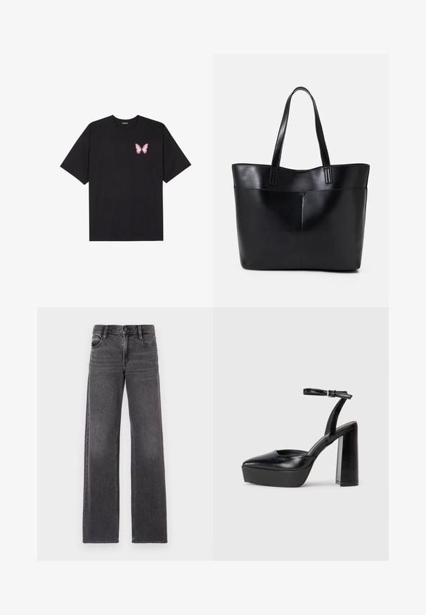 Black cotton t-shirt with short sleeves, featuring a small pink butterfly graphic on the left chest. Crew neck design with a relaxed fit.; Dark gray wide-leg jeans made of denim, featuring a front button, two back pockets, and contrast stitching along the seams.; Black platform heels with a pointed toe and adjustable ankle strap. Constructed from smooth leather, featuring a chunky block heel.; Black leather tote bag with two long handles, a smooth texture, and a structured shape. Features a front pocket for additional storage.