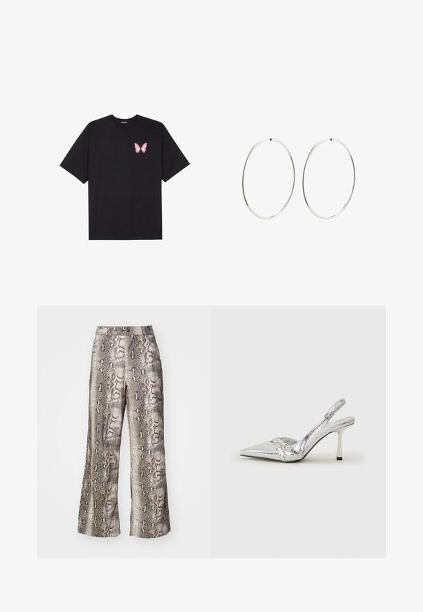 Juodas medvilnės marškinėliai trumpomis rankovėmis, su maža rožine drugelio grafika kairėje krūtinės pusėje. Apvalus kaklo iškirpimas, laisvas kirpimas.; Plačios kelnės gyvačių raštu, turinčios pilkos, rudos ir smėlio spalvų derinį, pagamintos iš glotnaus audinio su švelniu blizgesiu.; Sidabriniai slingback aukštakulniai batai su smailia pavadinimu, metaliniu paviršiumi, dviem dekoratyvinėmis juostelėmis ir lieknu kulnu su juodu galiuku.; Sidabriniai auskarai-žiedai su lygiu, apvaliu dizainu ir blizgiu paviršiumi. Jie yra ploni ir lengvi, turintys paprastą užsegimą.