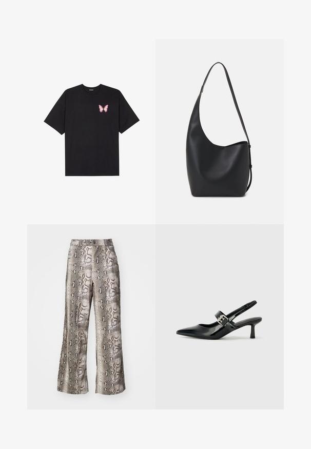 Fekete pamut póló rövid ujjakkal, bal mellkason egy kis rózsaszín pillangó grafikával. Kerek nyakú kialakítás, laza fazonnal.; Széles szárú nadrág kígyómintás designban, szürke, barna és bézs árnyalatok kombinációjában, sima anyagból készült, enyhe fényességgel.; Fekete lakkbőr slingback sarkú cipők hegyes orral és kis blokk talppal, ezüst csat díszítéssel a pánton.; Fekete bőr hobo táska sima textúrával, ívelt formával és egyetlen állítható pánttal; széles nyílás található a tetején.