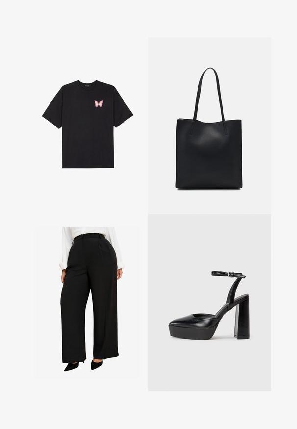 Must muströöpidega must puuvillane T-särk, vasakul rinnal on väike roosa liblikas. Ümar kaelus ja vabalt istuv lõige.; Mustad laiad püksid, millel on kõrge vöökoht, sile kangas ja sügavad eesmine voldid. Kombineeritud teravate mustade saabastega.; Mustad platvormi kontsad terava ninaga ja reguleeritava pahkluuraamiga. Valmistatud siledast nahast, funktsioneerib massiivse plokknäheeliga.; Mustast nahast kott sujuva tekstuuriga, ristkülikukujuline ja kahe pika sangaga. Pole nähtavat riistvara ega kaunistusi.