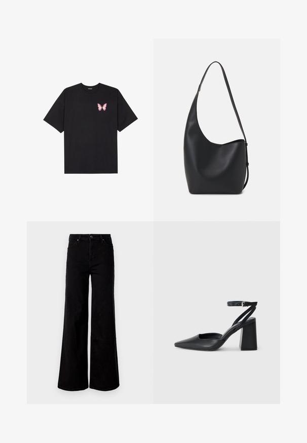 T-shirt nera in cotone con maniche corte, caratterizzata da una piccola grafica di una farfalla rosa sul lato sinistro del petto. Design a girocollo con una vestibilità rilassata.; Jeans neri a vita alta, a gamba larga, con tasche anteriori e posteriori, chiusura a bottone e passanti per la cintura su sfondo bianco.; Pump in pelle nera con punta affusolata, cinturino alla caviglia e tacco spesso. Texture piatta, design elegante ed estetica minimalista.; Borsa hobo nera in pelle con una superficie liscia, forma curvata e una singola tracolla regolabile; presenta un'ampia apertura nella parte superiore.