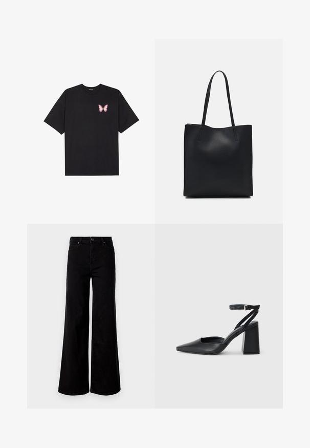 Fekete pamut póló rövid ujjakkal, bal mellkason egy kis rózsaszín pillangó grafikával. Kerek nyakú kialakítás, laza fazonnal.; Fekete magas derekú, bő szárú farmernadrág elülső és hátsó zsebekkel, gombos záródással és övlyukakkal, sima fehér háttér előtt.; Fekete bőr, hegyes orrú magassarkú cipő boka pánttal és vastag sarokkal. Sima textúra, elegáns dizájn és minimális esztétika.; Fekete bőrtáska sima felszínnel, téglalap alakú, két hosszú füllel. Nincs látható fémkiegészítő vagy díszítés.
