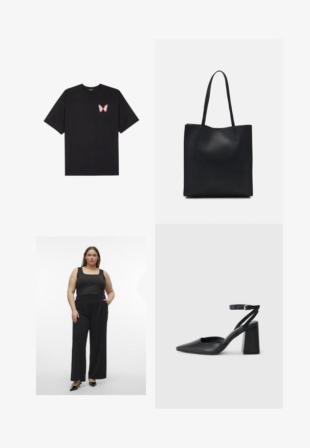 T-shirt en coton noir à manches courtes, avec un petit graphique de papillon rose sur la poitrine gauche. Modèle à col rond avec une coupe décontractée.; Un débardeur noir associé à un pantalon large noir avec des boutons. La tenue possède une texture lisse et une silhouette moderne et cintrée.; Escarpin noir en cuir à bout pointu avec une bride de cheville et un talon épais. Texture lisse, design élégant et esthétique minimaliste.; Sac fourre-tout en cuir noir avec une texture lisse, de forme rectangulaire et deux longues poignées. Pas de matériel ou d'ornementations visibles.