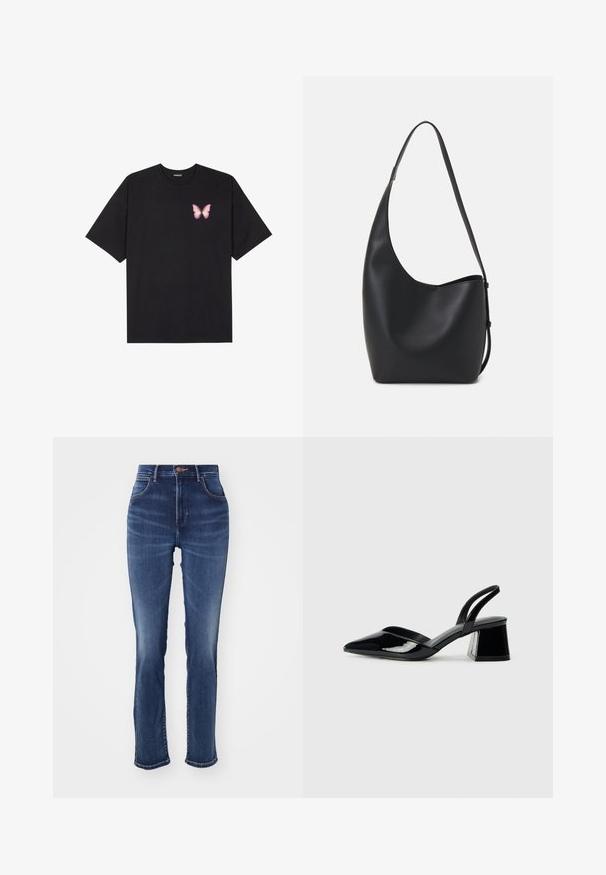 Camiseta de algodón negra de manga corta, con un pequeño gráfico de mariposa rosa en el lado izquierdo del pecho. Diseño de cuello redondo con un corte relajado.; Jeans de mezclilla azul oscuro con cintura alta, diseño de pierna recta, ligero desgastado, bolsillos frontales y detalles de costura sutiles.; Zapatos de tacón slingback de charol negro con punta afilada y tacón geométrico en bloque. Presentan un diseño elegante y minimalista, así como una textura suave.; Bolso tipo hobo de cuero negro con una textura suave, forma curvada y una sola correa ajustable; presenta una amplia apertura en la parte superior.