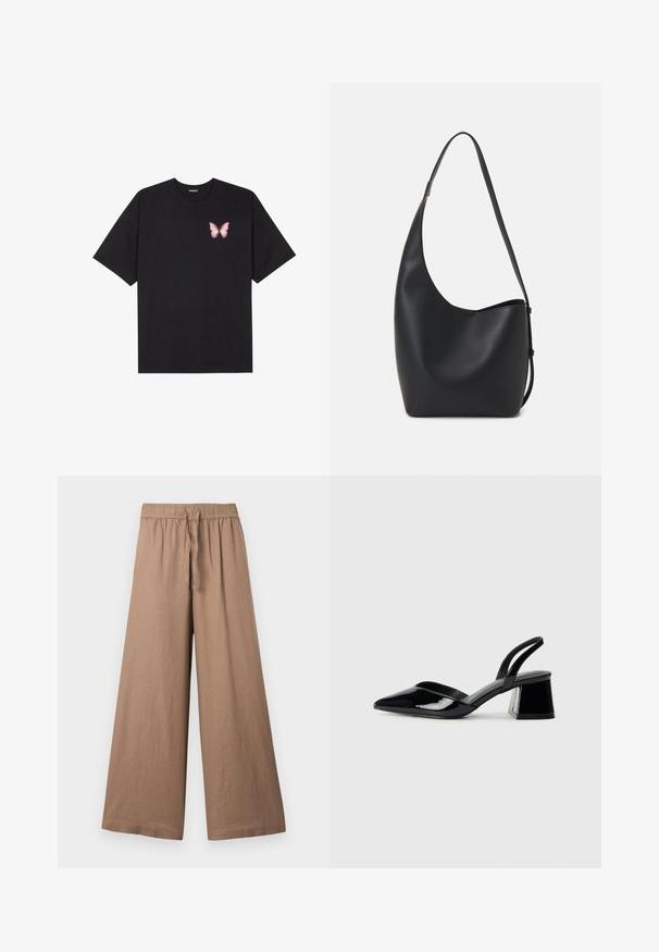 Juodas medvilnės marškinėliai trumpomis rankovėmis, su maža rožine drugelio grafika kairėje krūtinės pusėje. Apvalus kaklo iškirpimas, laisvas kirpimas.; Plati kojinės kelnių šviesiai rudos spalvos audinyje, su elastingu juosmeniu ir raišteliu, turinčios lygią, tekstūrinę apdailą.; Juodos lakuotos odinės šlepetės su smailiu pirštu ir geometriniu bloko kulnu. Turi elegantišką, minimalistinį dizainą ir lygų paviršių.; Juodas odinis hobo maišas su lygiu paviršiumi, kreipta forma ir viena reguliuojama rankena; turi platų atidarymą viršuje.