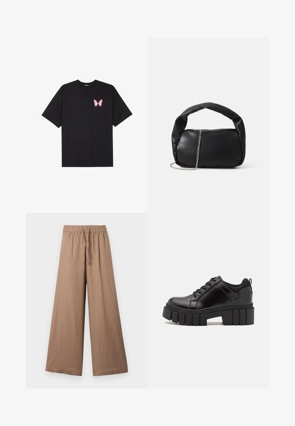 Crna pamučna majica s kratkim rukavima, s malim grafičkim prikazom ružičaste vjetricaste s desne strane na prsima. Dizajn s okruglim izrezom i opuštenim krojem.; Hlače širokih nogavica od svijetlosmeđeg materijala, s elastičnom gumom u struku i čvrstom, teksturiranom površinom.; Crne kožne platforme s debelim blok-peta, okruglim prstima i klasičnim dizajnom vezanja. Imaju gladak tekstur i minimalne detalje.; Crna kožna torbica za ruke zaobljenog oblika, sa debelim drškama i srebrnom lancem. Glatka tekstura s laganim sjajem.