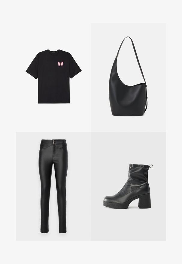 Czarny bawełniany t-shirt z krótkim rękawem, z małym różowym motylkiem na lewej piersi. Klasyczny dekolt z luźnym fasonem.; Czarne, wysokiej talii skinny jeansy wykonane z gładkiego, elastycznego materiału. Dwa srebrne guziki w talii i minimalne detale przeszyć.; Czarne botki za kostkę wykonane z gładkiej skóry, wyposażone w boczny zamek błyskawiczny, masywny teksturowany obcas oraz zaokrąglony czubek.; Czarna skórzana torba hobo o gładkiej fakturze, zaokrąglonym kształcie i pojedynczym, regulowanym pasku; posiada szerokie otwarcie na górze.