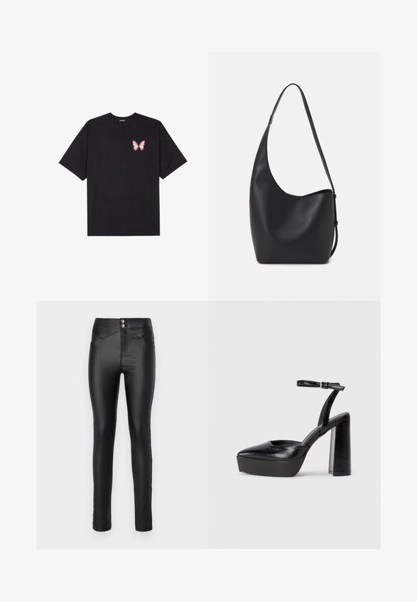 Svart bomulls T-skjorte med korte ermer, med en liten rosa sommerfugl grafikk på venstre bryst. Crew-neck design med en avslappet passform.; Svarte, høytlåsende skinny jeans laget av et glatt, stretchy materiale. To sølvknapper i livet og minimal sømdetaljer.; Sorte plattformhelter med spiss tå og justerbar ankelrem. Laget av glatt lær, med en robust blokkhel.; Svart lær hobo-veske med glatt tekstur, buet form og enkelt justerbart stropp; har en bred åpning på toppen.