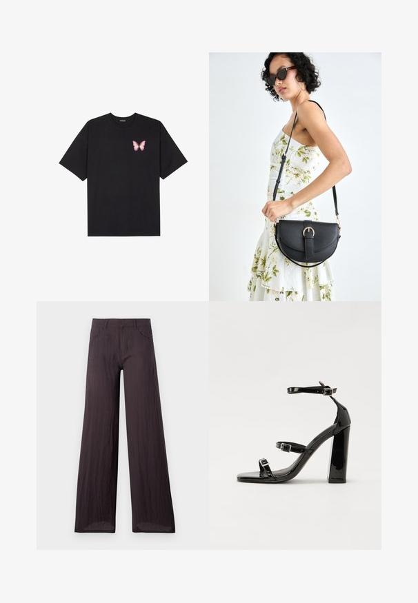 Schwarzes Baumwoll-T-Shirt mit kurzen Ärmeln, das ein kleines pinkes Schmetterlingsmotiv auf der linken Brust zeigt. Crewneck-Design mit einem entspannten Schnitt.; Dunkelgraue weite Hosen aus leichtem, strukturiertem Stoff mit glatter Oberfläche, ausgestattet mit Vordertaschen und einem klassischen Bund.; Schwarze patentierte Sandalen mit Absatz, quadratischer Spitze, Knöchelriemen und silbernen Schnallen. Mit einem stabilen Blockabsatz für mehr Stabilität.; Schwarze Lederhandtasche mit geschwungener Form, abnehmbarem Tragegurt und goldenen Beschlägen. Die Tasche verfügt über einen Deckel mit einer Schnallen-Details.