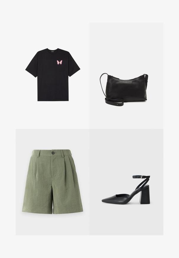 Black cotton t-shirt with short sleeves, featuring a small pink butterfly graphic on the left chest. Crew neck design with a relaxed fit.; Green pleated shorts made of textured fabric. Features a button closure and straight hem, with a tailored cut.; Black leather pointy-toe pump with an ankle strap and a chunky heel. Flat texture, sleek design, and minimalistic aesthetics.; Black leather shoulder bag with a smooth texture, curved shape, adjustable strap, and a zip closure. Minimalist design without embellishments.