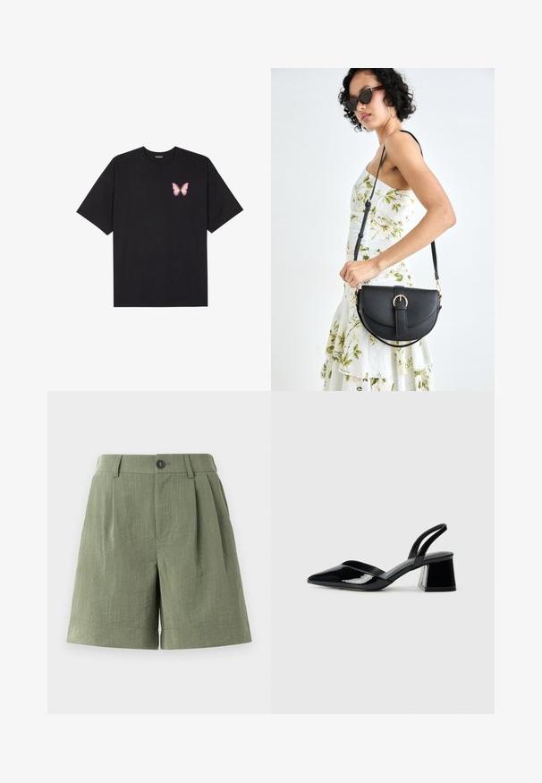 Zwarte katoenen t-shirt met korte mouwen, voorzien van een kleine roze vlinder graphic op de linkerkant van de borst. Crew neck ontwerp met een relaxte fit.; Groene geplooide shorts gemaakt van gestructureerde stof. Kenmerkt zich door een knoopsluiting en rechte zoom, met een op maat gemaakte snit.; Zwarte gepatineerde leren slingback hakken met een spitse neus en een geometrische blokhak. Kenmerkt zich door een slank, minimalistisch ontwerp en een gladde textuur.; Zwarte leren handtas met een gebogen vorm, afneembare schouderband en gouden hardware. De tas heeft een klep met een gespsluiting.