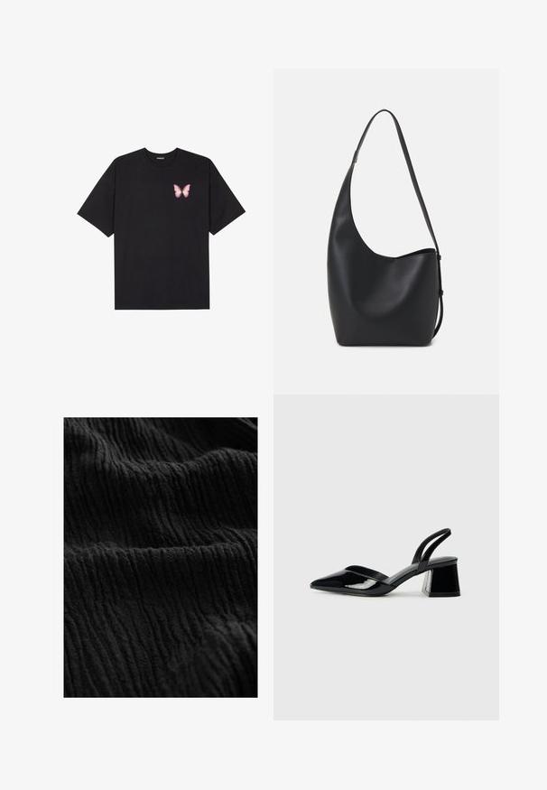 Musta puuvillapaita lyhyillä hihoilla, jossa on pieni vaaleanpunainen perhosgrafiikka vasemmassa rinnassa. Pyöreä kaula-aukko ja rento istuvuus.; Musta rypistynyt kangas, jossa on teksturoitu pinta, jossa on syviä uurteita ja vaihtelevaa sävyä, luoden kolmiulotteisen ilmeen.; Mustat patentoitu nahkakengät, joissa on säären takaosa ja terävä kärki, sekä geometrinen palikkakorko. Sisältää tyylikkään, minimalistisen muotoilun ja sileän pinnan.; Musta nahkainen hobo-laukku, jossa on sileä pinta, kaareva muoto ja yksi säädettävä olkahihna; sisäänkäynti on leveä ylhäältä.