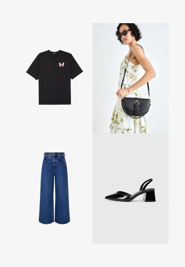 Črna bombažna majica s kratkimi rokavi, ki ima majhen roza metuljček na levi strani prsnega dela. Majica s krožnim ovratnikom in sproščenim krojem.; Široke jeans hlače v temno modri barvi. Imajo visok pas, kontrastno šivanje, sprednje žepe in zapiranje na gumb.; Črne lakirane slingback pete s koničastim nosom in geometrijsko blokasto peto. Imajo eleganten, minimalističen dizajn in gladko teksturo.; Črna usnjena torbica s ukrivljeno obliko, z odstranljivo naramnico in zlatimi dodatki. Torbica ima pokrov s podrobnostmi v obliki zaponke.