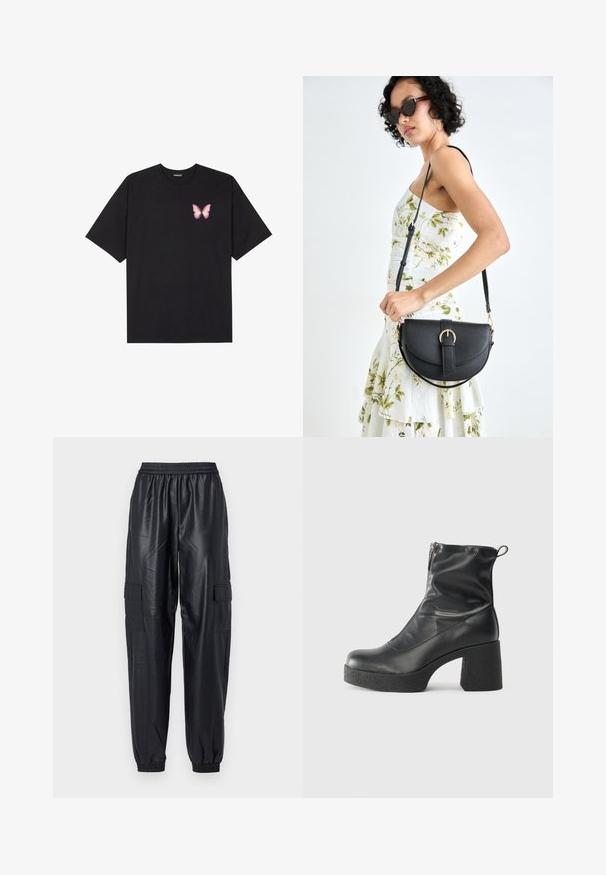 Must muströöpidega must puuvillane T-särk, vasakul rinnal on väike roosa liblikas. Ümar kaelus ja vabalt istuv lõige.; Mustad mustad püksid läikivast sünteetilisest materjalist, millel on elastne vöökoht, kitsenevad varrukad ja kaks külge paigaldatavat taskut.; Mustad mustad ansapüksid, mis on valmistatud siledast nahast, külje zipperiga, paksu tekstuuriga kontsaga ja ümmarguse nina disainiga.; Mustmust mustraha kõverate joontega, eemaldatava rihmaga ja kuldsete detailidega. Kotil on klapp, millel on pandladetail.; Hõbedaste kõrvarõngaste komplekt, millel on erinevad disainid: nupud, rõngad ja rippuvad stiilid, millel on säravad kaunistused geomeetrilistes ja teemakohastes kujudes.