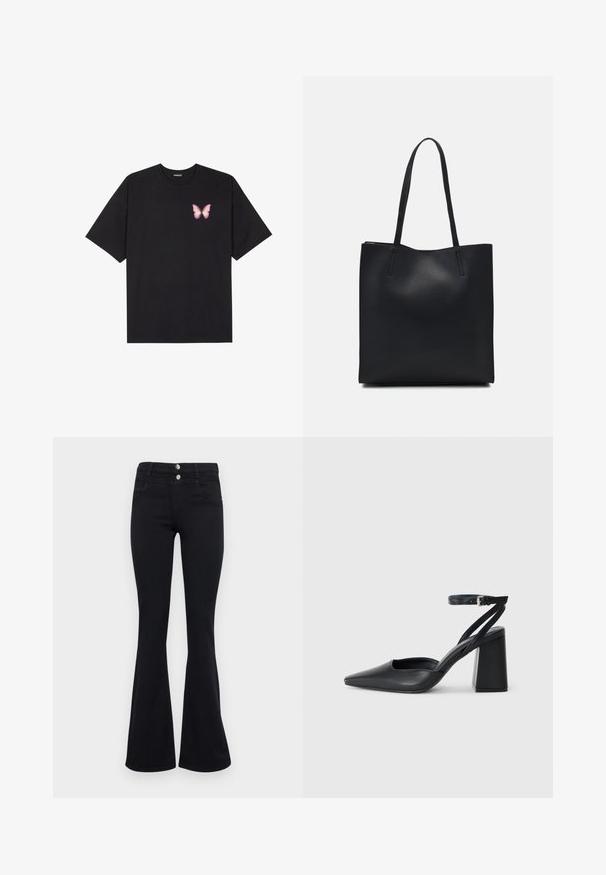 Čierne bavlnené tričko s krátkymi rukávmi, s malým ružovým motýlikom na ľavej hrudi. Design s okrúhlym výstrihom a uvoľneným strihom.; ONLY ONLRAIN FLARED - Zvonové džínsy - washed black; Čierne kožené lodičky s špicatou špičkou a členkovým remienkom, s masívnym podpätkom. Hladký povrch, elegantný dizajn a minimalistická estetika.; Čierna kožená taška na rameno s hladkým povrchom, obdĺžnikovým tvarom a dvoma dlhými uchami. Bez viditeľného kovania alebo ozdôb.