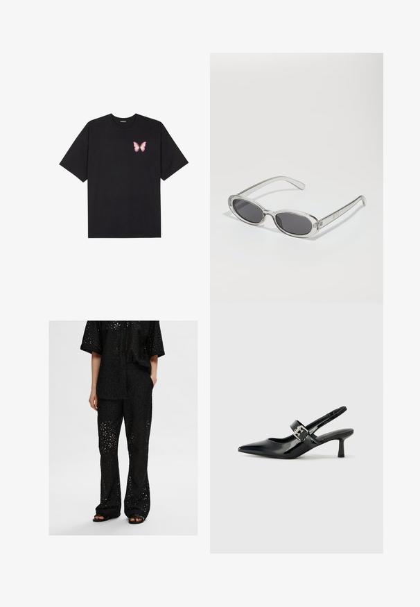 Čierne bavlnené tričko s krátkymi rukávmi, s malým ružovým motýlikom na ľavej hrudi. Design s okrúhlym výstrihom a uvoľneným strihom.; Čierny dvojdielny outfit pozostávajúci z voľnej košele na gombíky a nohavíc, obidve vyrobené z perforovanej látky so kvetinovými vzormi a uvoľneným strihom.; Čierne patentové kožené sandále na podpätku so špicatou špičkou a malým blokovým podpätkom, s dekoratívnou striebornou sponou na remienku.; Slnečné okuliare oválneho tvaru, s priehľadným plastovým rámom, tmavošedými šošovkami a tenkými priehľadnými ramienkami s logovými akcentmi a minimálnym detailovaním.