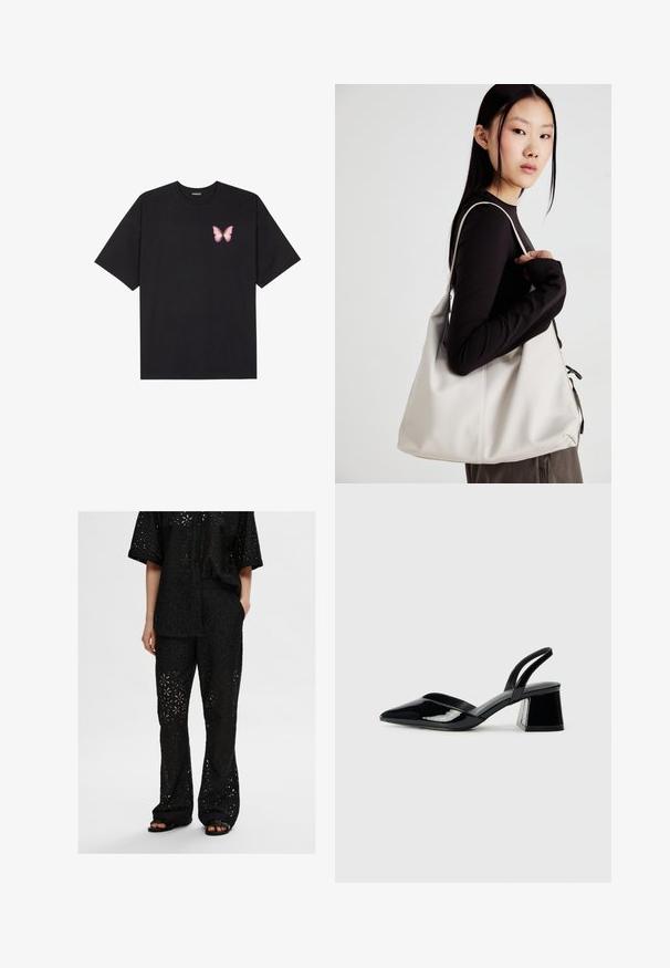 Svart bomulls T-skjorte med korte ermer, med en liten rosa sommerfugl grafikk på venstre bryst. Crew-neck design med en avslappet passform.; Svart to-delt antrekk med en løs knapp-up skjorte og bukser, begge laget av perforert stoff med blomsterdesign og avslappet passform.; Svarte patentlær slingback hæler med spiss tå og geometrisk blokk hæl. Har et stilrent, minimalistisk design og jevn tekstur.; Beige håndveske laget av mykt materiale, med en slapp design, sydd detaljer og to skulderstropper. Passer for daglig bruk.