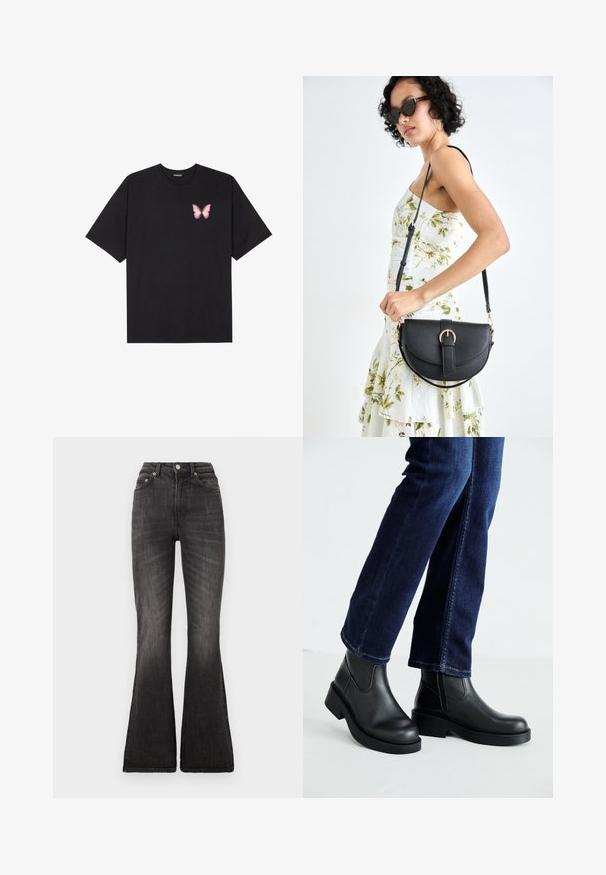 Camiseta de algodón negra de manga corta, con un pequeño gráfico de mariposa rosa en el lado izquierdo del pecho. Diseño de cuello redondo con un corte relajado.; Jeans negros acampanados con cintura alta, que cuentan con un cierre de botón metálico, diseño de cinco bolsillos y un leve desvanecimiento a lo largo de la textura de la tela.; Botas de tobillo de cuero negro con suela gruesa y paneles elásticos laterales, combinadas con jeans azul oscuro. El suelo es de color claro.; Bolso de piel negra con forma curva, correa desmontable y herrajes dorados. El bolso cuenta con una solapa con un detalle de hebilla.