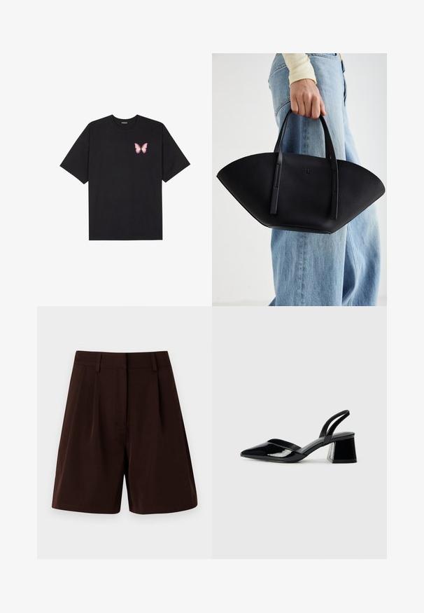 Svart bomullströja med korta ärmar, med en liten rosa fjärilsgrafik på vänster bröst. Rundad halsdesign med en avslappnad passform.; Bruna shorts med skräddarsydd design och veck, tillverkade av ett mjukt tyg. Avslutade med midjeband och utan synliga fickor.; Svarta lackläder slingback klackar med spetsig tå och geometrisk klack. Har en elegant, minimalistisk design och slät yta.; Svart läderhandväska med en unik fläktform, som har platta handtag. Ytan har en pebblad textur och en minimalistisk design.