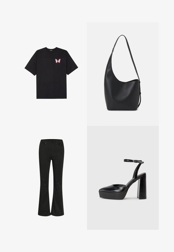 Black cotton t-shirt with short sleeves, featuring a small pink butterfly graphic on the left chest. Crew neck design with a relaxed fit.; Black flared jeans with a smooth texture, featuring a classic five-pocket design and metal button closure. Tailored for a fitted waist.; Black platform heels with a pointed toe and adjustable ankle strap. Constructed from smooth leather, featuring a chunky block heel.; Black leather hobo bag with a smooth texture, curved shape, and single adjustable strap; features a wide opening at the top.