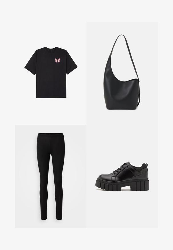 Czarny bawełniany t-shirt z krótkim rękawem, z małym różowym motylkiem na lewej piersi. Klasyczny dekolt z luźnym fasonem.; Czarne legginsy wykonane z miękkiego, elastycznego materiału. Mają dopasowany krój z elastycznym pasem i gładką, matową teksturą.; Czarne skórzane buty na platformie z masywnym słupkowym obcasem, okrągłym noskiem i klasycznym sznurowaniem. Posiadają gładką teksturę i minimalne wykończenia.; Czarna skórzana torba hobo o gładkiej fakturze, zaokrąglonym kształcie i pojedynczym, regulowanym pasku; posiada szerokie otwarcie na górze.
