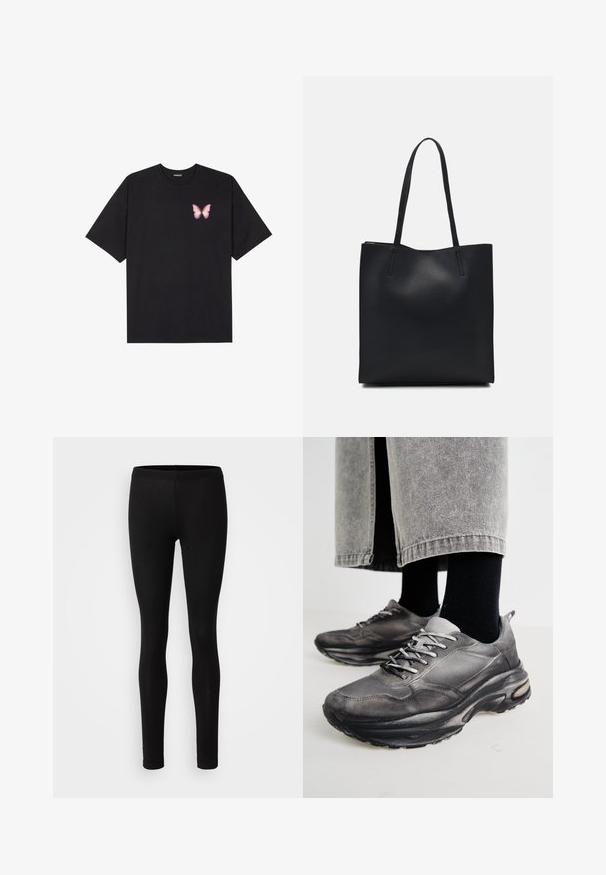 Zwarte katoenen t-shirt met korte mouwen, voorzien van een kleine roze vlinder graphic op de linkerkant van de borst. Crew neck ontwerp met een relaxte fit.; Zwarte leggings gemaakt van een zachte, rekbare stof. Ze hebben een slim fit met een elastische taille en een gladde, matte textuur.; Zwarte en grijze sport schoenen hebben een mesh bovenkant, dikke zolen en veters. Ze hebben een ronde neus en zichtbare dempingsdetails.; Zwarte leren handtas met een gladde textuur, rechthoekige vorm en twee lange handvaten. Geen zichtbare hardware of versieringen.