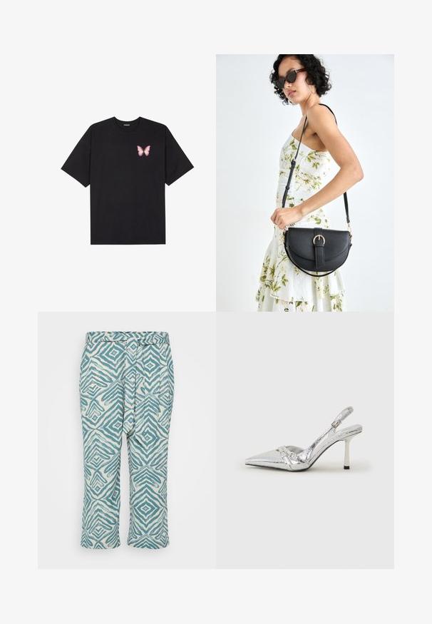 T-shirt de algodão preto com mangas curtas, apresentando um pequeno gráfico de borboleta rosa no lado esquerdo do peito. Design de gola redonda com um corte solto.; Calças cropped leves com um padrão geométrico azul e branco, apresentando uma cintura atada e uma textura suave.; Sapato de salto alto slingback prateado com bico fino, acabamento metálico, duas correias decorativas e um salto esbelto com ponta preta.; Bolsa de couro preta com forma curva, alça destacável e detalhes em dourado. A bolsa possui uma aba com detalhe de fivela.