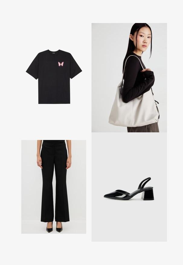 Zwarte katoenen t-shirt met korte mouwen, voorzien van een kleine roze vlinder graphic op de linkerkant van de borst. Crew neck ontwerp met een relaxte fit.; Zwarte uitlopende broeken met een gladde textuur, een middelhoge taille en een voorkreukdetail. Gecombineerd met zwarte puntige hakken.; Zwarte gepatineerde leren slingback hakken met een spitse neus en een geometrische blokhak. Kenmerkt zich door een slank, minimalistisch ontwerp en een gladde textuur.; Beige handtas gemaakt van zacht materiaal, met een slonzig ontwerp, gestikte details en twee schouderbanden. Geschikt voor dagelijks gebruik.