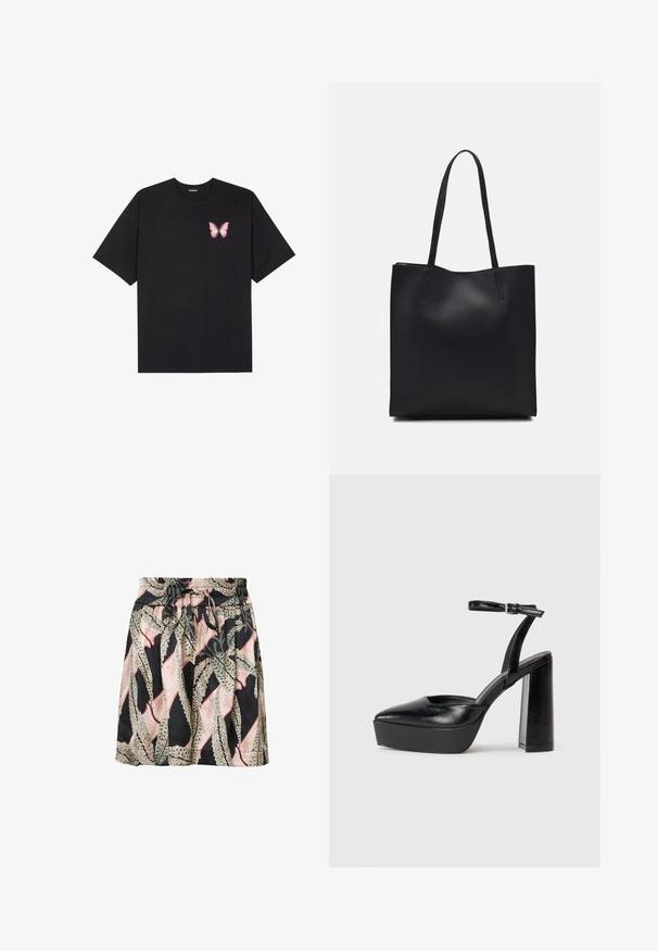 Melna kokvilnas T-krekls ar īsām piedurknēm, kuram priekšā kreisajā pusē ir neliels rozā tauriņa grafiskais attēls. Ar apaļu kaklu un brīvā stila piegriezumu.; Ziedu printa svārki ar melnu fona, elastīgu jostu, aukliņu detaļu un vieglu, gludu tekstūru.; Melnas platformas papēžs ar norādītu purngala formu un regulējamu potītes siksniņu. Izgatavotas no gludas ādas, ar masīvu bloku papēdi.; Melnas ādas somiņa ar gludu tekstūru, taisnstūra formu un divām garām rokturiem. Nav redzamu aparatūras vai rotājumu.