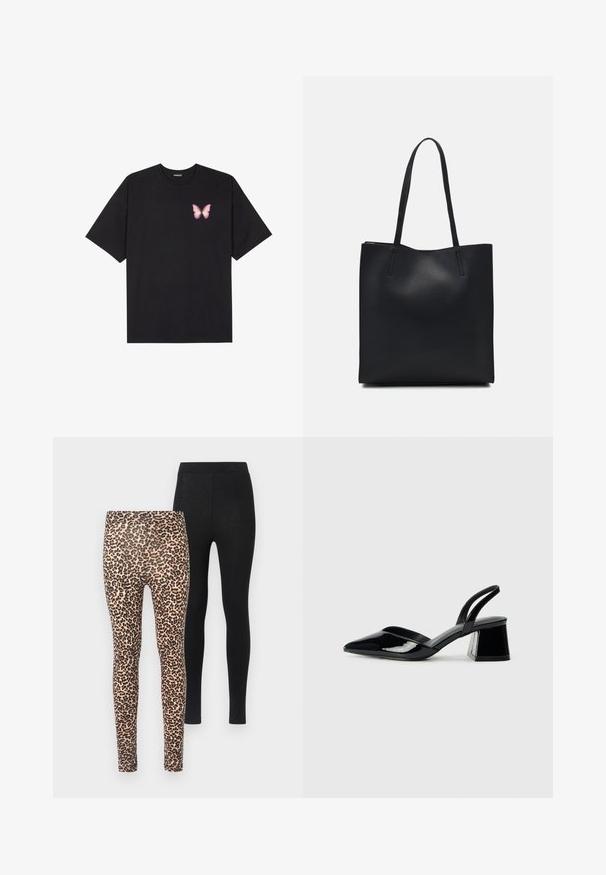 T-shirt de algodão preto com mangas curtas, apresentando um pequeno gráfico de borboleta rosa no lado esquerdo do peito. Design de gola redonda com um corte solto.; Duas pares de leggings: uma com fundo bege e estampa de leopardo preta, a outra totalmente preta. Ambas possuem um design justo e cintura elástica.; Sandy em verniz preto com salto slingback, ponta afilada e salto geométrico. Apresenta um design elegante e minimalista com textura suave.; Bolsa tote preta em couro com textura lisa, forma retangular e duas alças longas. Sem hardware ou enfeites visíveis.