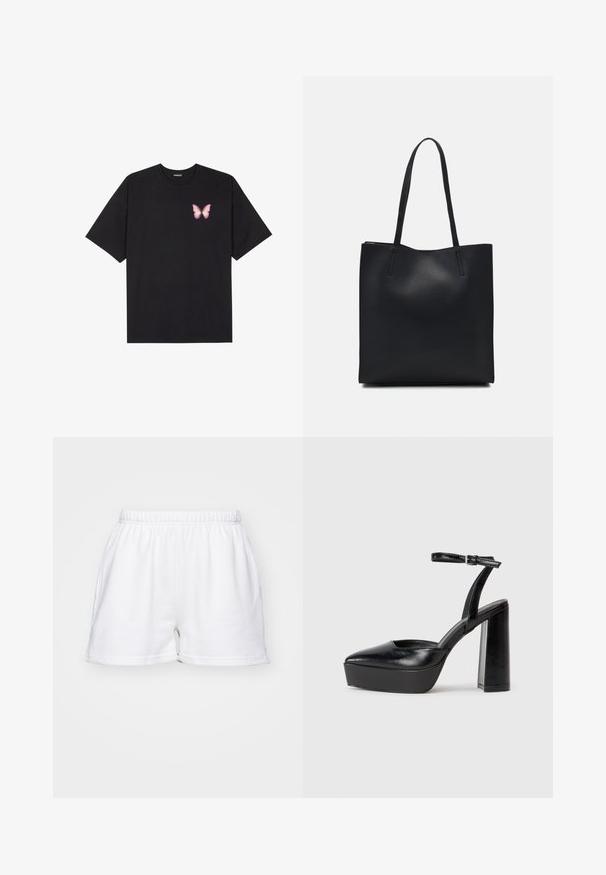 Black cotton t-shirt with short sleeves, featuring a small pink butterfly graphic on the left chest. Crew neck design with a relaxed fit.; White cotton shorts with elastic waistband, side pockets, and a relaxed fit on a plain background.; Black platform heels with a pointed toe and adjustable ankle strap. Constructed from smooth leather, featuring a chunky block heel.; Black leather tote bag with smooth texture, rectangular shape, and two long handles. No visible hardware or embellishments.