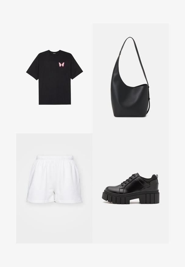 T-shirt en coton noir à manches courtes, avec un petit graphique de papillon rose sur la poitrine gauche. Modèle à col rond avec une coupe décontractée.; Shorts en coton blanc avec taille élastique, poches latérales et coupe décontractée sur un fond uni.; Chaussures à plateforme en cuir noir avec un talon bloc épais, bout rond et un design traditionnel à lacets. Elles présentent une texture lisse et un détail minimal.; Sac hobo en cuir noir avec une texture lisse, une forme incurvée et une seule sangle réglable ; dispose d'une large ouverture en haut.