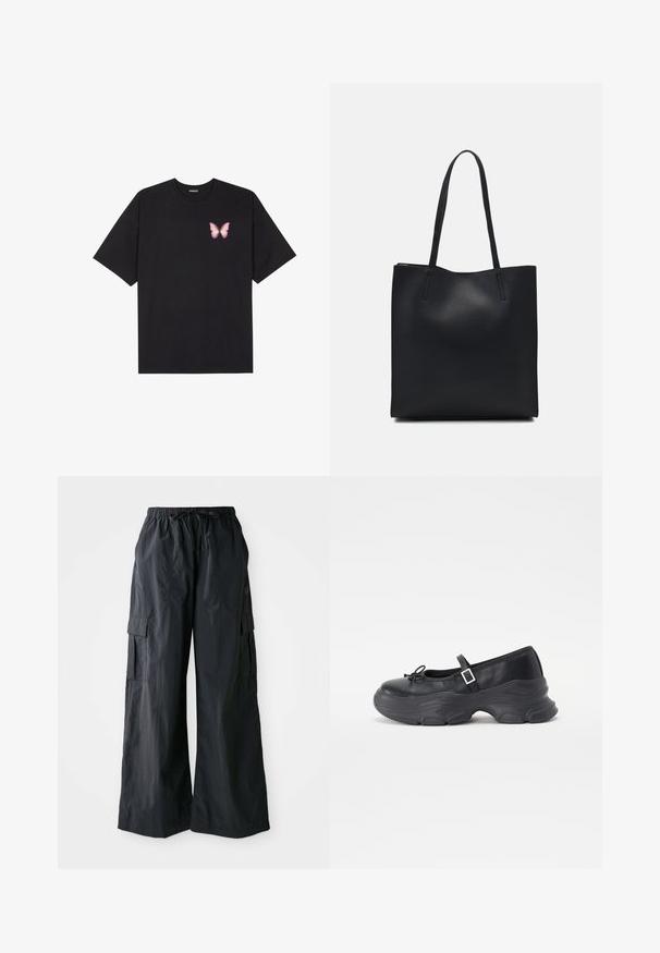 Zwarte katoenen t-shirt met korte mouwen, voorzien van een kleine roze vlinder graphic op de linkerkant van de borst. Crew neck ontwerp met een relaxte fit.; Zwarte cargobroek van lichtgewicht stof, met een wijd ontwerp, elastische tailleband en meerdere zijzakken. Eenvoudig en functioneel.; Zwarte leren Mary Jane-schoen met een ronde neus, strikdetails en een verstelbare enkelband. Beschikt over een chunky rubberen zool met gebogen accenten.; Zwarte leren handtas met een gladde textuur, rechthoekige vorm en twee lange handvaten. Geen zichtbare hardware of versieringen.