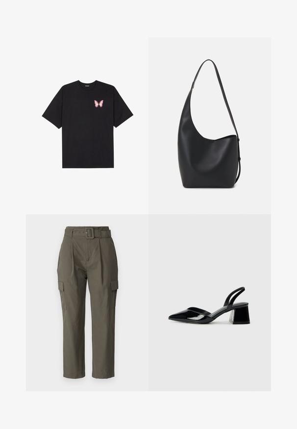 Tricou negru din bumbac cu mâneci scurte, având pe partea stângă a pieptului un mic grafic cu un fluture roz. Design cu guler rotund și croială lejeră.; Pantaloni cargo de culoare verde măsliniu, confecționați dintr-un material ușor. Caracteristicile includ un talie cu brâu, pliuri frontale și buzunare laterale cu clapete.; Pantofi cu toc slingback din piele lacuită neagră, cu vârf ascuțit și toc geometric. Prezintă un design elegant, minimalist și o textură netedă.; Geantă hobo din piele neagră, cu o textură netedă, formă curbată și un singur bretele ajustabil; are o deschidere largă în partea de sus.
